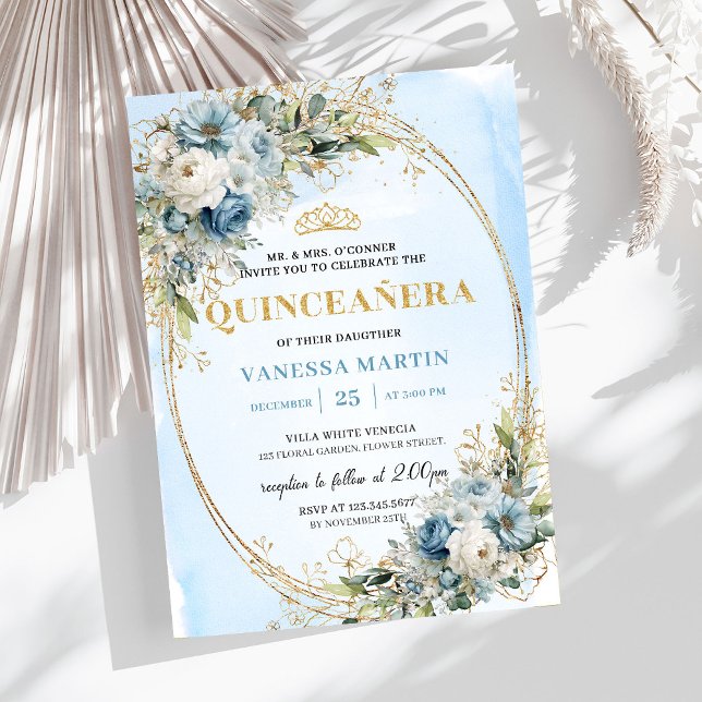 Luxury Dusty Blue Gold Greenery Quinceañera Invitation (Luxury Dusty Blue Gold Greenery Quinceañera)