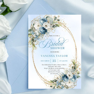 Luxury Dusty Blue Greenery Floral Bridal Shower  Invitation