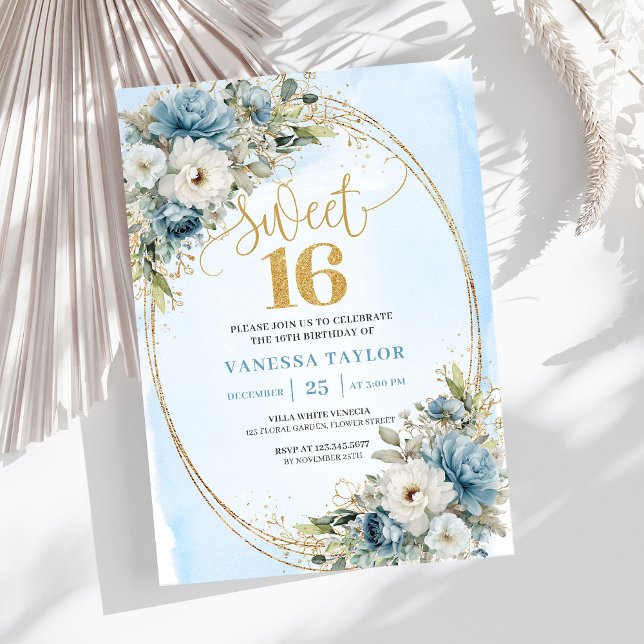 Luxury Dusty Blue Greenery Sweet 16th Birthday  Invitation (Luxury Dusty Blue Greenery Sweet 16th Birthday Invite)