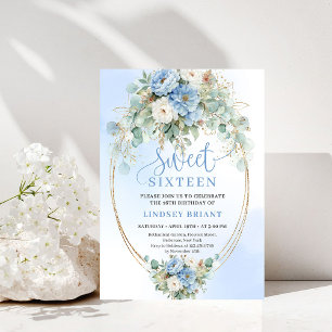 Luxury Dusty Blue Peonies Gold Sweet Sixteen Party Invitation