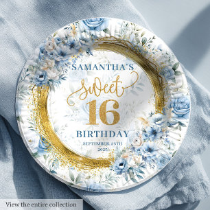 Luxury Dusty Blue Sweet 16 Gold Glitter Party Paper Plate