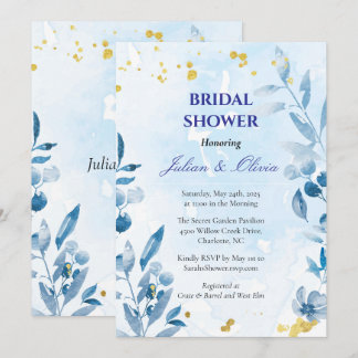 Luxury Dusty Blue Watercolor Bridal Shower Invitation