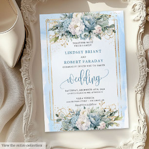 Luxury dusty blue white floral wedding invitation