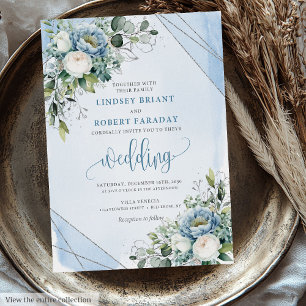 Luxury Dusty Blue White Silver Flowers Wedding   Invitation