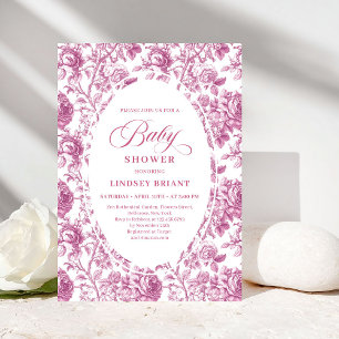 Luxury Dusty Rose Floral Toile Baby Shower Invite