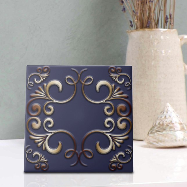 Luxury Elegant Baroque Gold Ornaments on Deep Blue Ceramic Tile (Creator Uploaded)