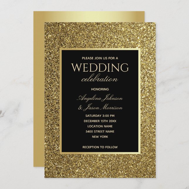Luxury Elegant Black and Gold Wedding Invitation (Front/Back)