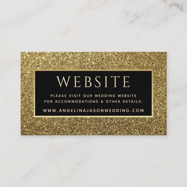 Luxury Elegant Black Glitter Gold Wedding Website Enclosure Card (Front)