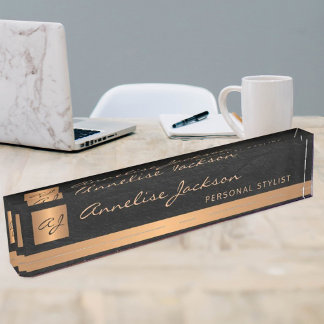 Luxury elegant black leather gold monogrammed nameplate