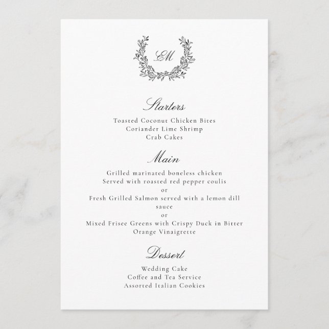 Luxury Elegant Black & White Botanical Wreath Menu (Front)