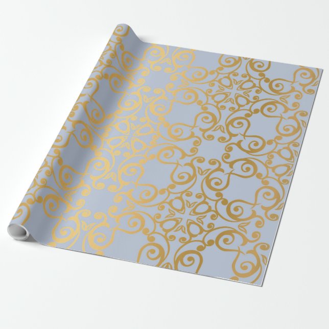 LUXURY ELEGANT BLUE GOLD BIRTHDAY WEDDING WRAP WRAPPING PAPER (Unrolled)