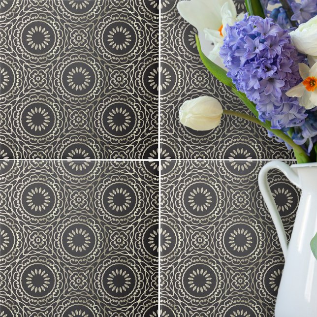 Luxury Elegant Chic Faux Gold And Black Arabesque Ceramic Tile (Creator Uploaded)