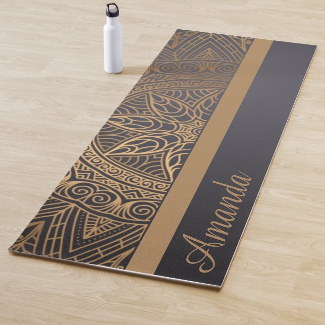 Luxury Elegant Gold Black Mandala Design Name Yoga Mat (In Situ)