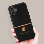 Luxury elegant gold black monogram name iPhone 16 case<br><div class="desc">Classy exclusive looking office or personal monogrammed phone case featuring a faux copper metallic gold glitter square with your monogram name initials and a sparkling stripe over a stylish black faux leather background. Suitable for small business, corporate or independent business professionals, personal branding or stylists specialists, makeup artists or beauty...</div>