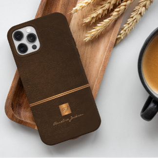 Luxury elegant gold brown leather look monogrammed iPhone 16 plus case