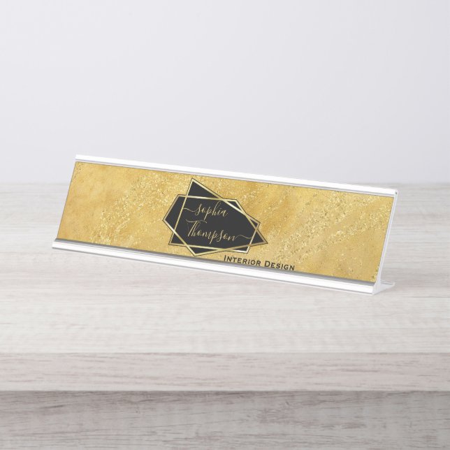 Luxury Elegant Gold Glitter Marble Script Desk Name Plate (Front)