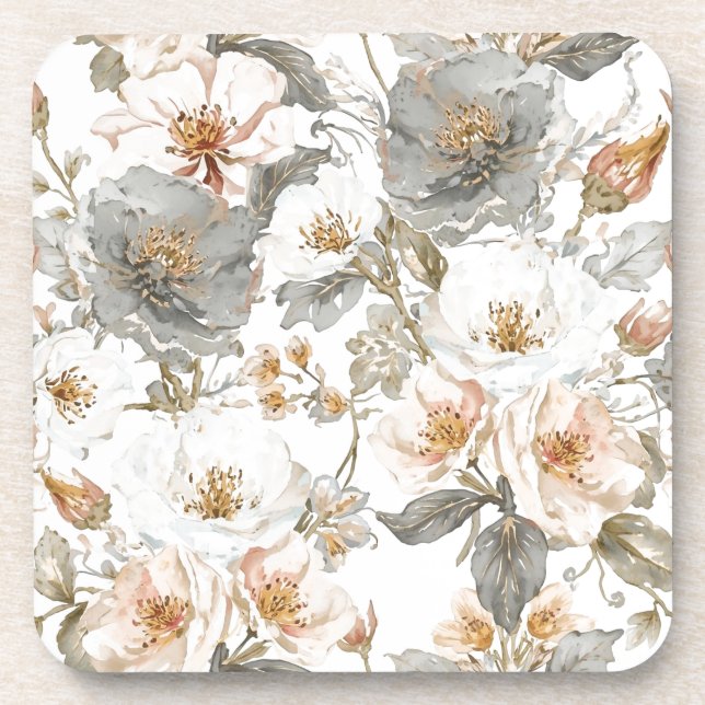 Luxury, Elegant, Gold Grey Flowers Pattern  Coaster (Front)