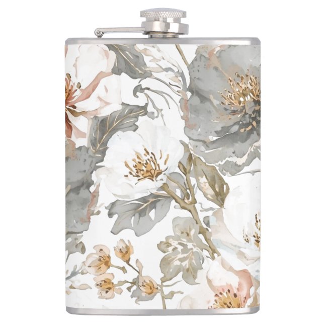 Luxury, Elegant, Gold Grey Flowers Pattern Hip Flask (Front)