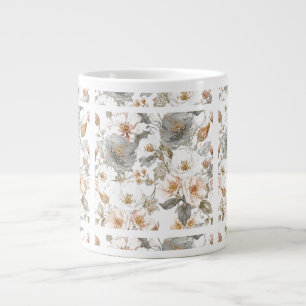 Luxury, Elegant, Gold Grey Flowers Pattern Large Coffee Mug