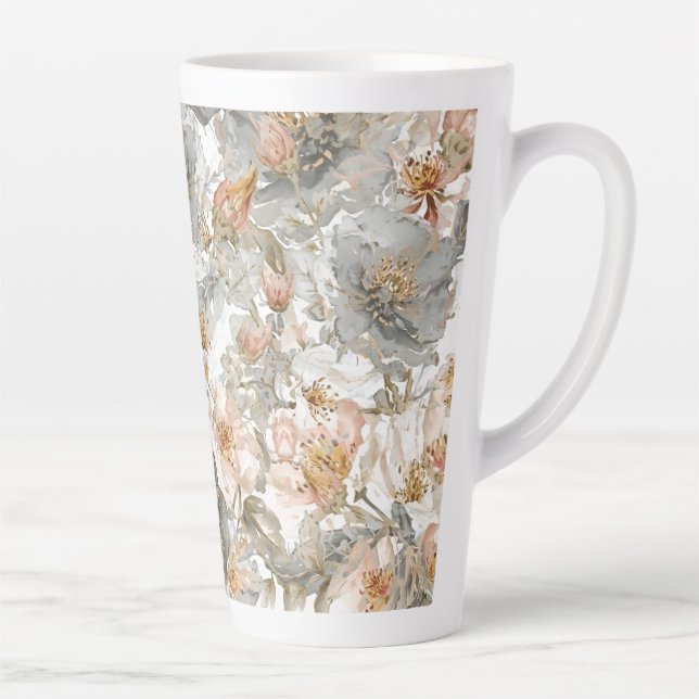Luxury, Elegant, Gold Grey Flowers Pattern  Latte Mug (Right)
