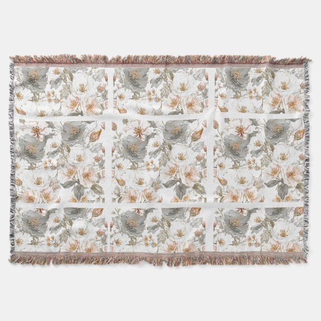Luxury, Elegant, Gold Grey Flowers Pattern  Throw Blanket (Front)