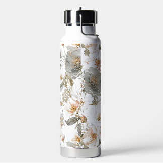 Luxury, Elegant, Gold Grey Flowers Pattern Water Bottle