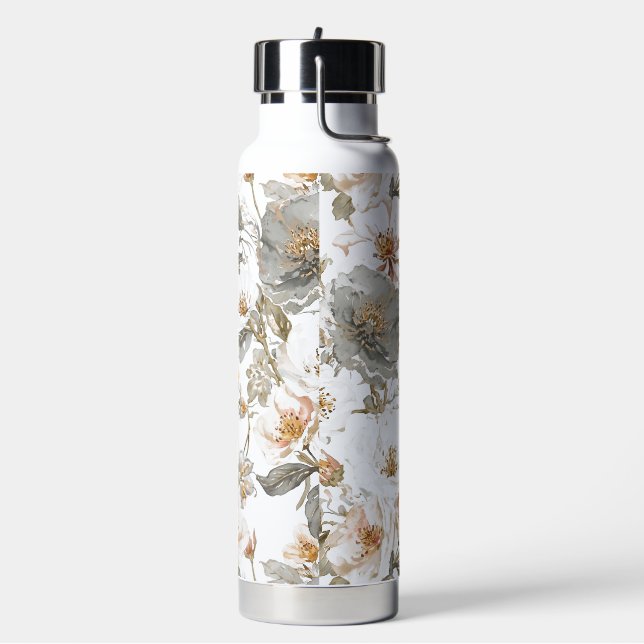 Luxury, Elegant, Gold Grey Flowers Pattern Water Bottle (Left)