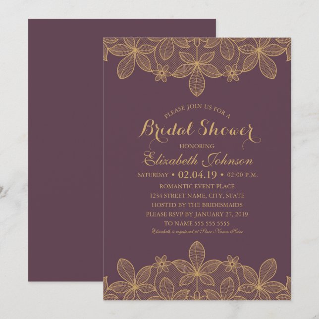 Luxury Elegant Gold Lace Plum Purple Bridal Shower Invitation (Front/Back)