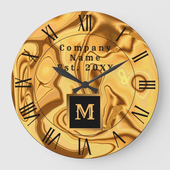 Luxury Elegant Gold Marble Monogrammed Large Clock (Front)