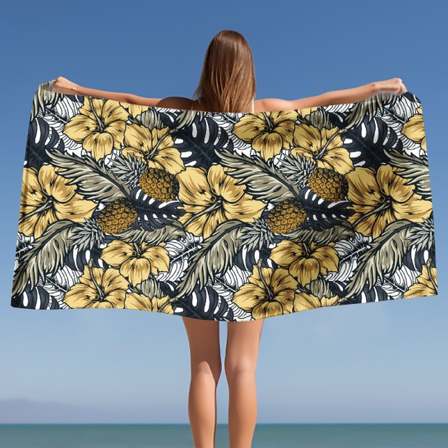 Luxury Elegant Gold N' Black Tropical Flowers Beach Towel (Luxury Elegant Gold N' Black Tropical Flowers Beach Towel)