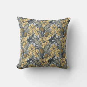 Luxury Elegant Gold N' Black Tropical Flowers Cushion