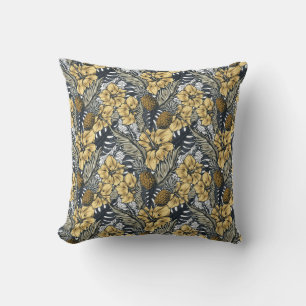 Luxury Elegant Gold N' Black Tropical Flowers Cushion
