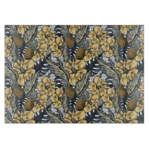 Luxury Elegant Gold N' Black Tropical Flowers Cutting Board