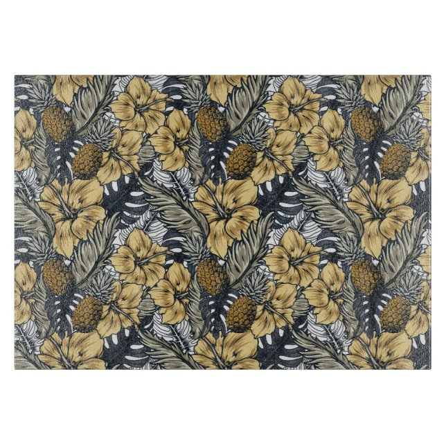 Luxury Elegant Gold N' Black Tropical Flowers Cutting Board (Front)