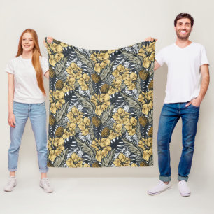 Luxury Elegant Gold N' Black Tropical Flowers Fleece Blanket