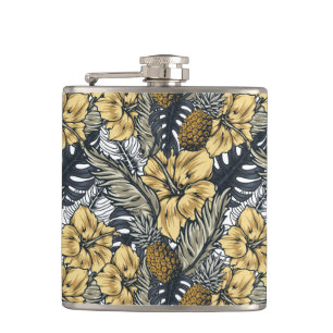 Luxury Elegant Gold N' Black Tropical Flowers Hip Flask