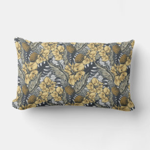 Luxury Elegant Gold N' Black Tropical Flowers Lumbar Cushion