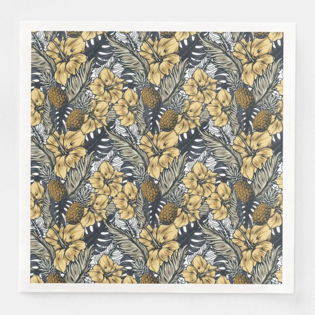 Luxury Elegant Gold N' Black Tropical Flowers Napkin (Front)