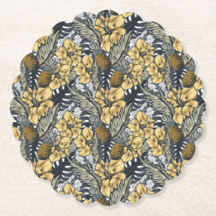 Luxury Elegant Gold N' Black Tropical Flowers Paper Coaster