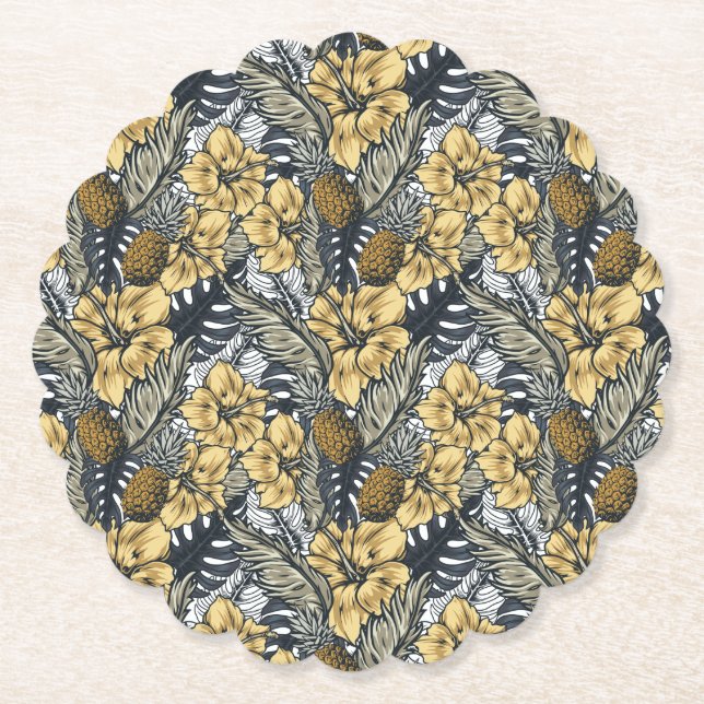 Luxury Elegant Gold N' Black Tropical Flowers Paper Coaster (Front)