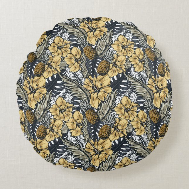 Luxury Elegant Gold N' Black Tropical Flowers Round Cushion (Front)