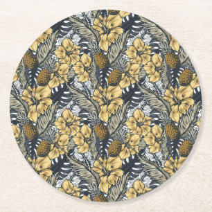 Luxury Elegant Gold N' Black Tropical Flowers Round Paper Coaster