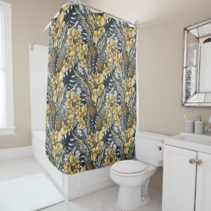 Luxury Elegant Gold N' Black Tropical Flowers Shower Curtain