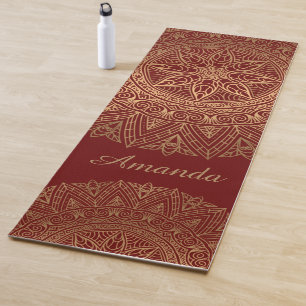 Luxury Elegant Gold Red Mandala Design Name Yoga Mat