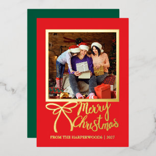 Luxury Elegant Gold Script Christmas Family Photo Foil Holiday Card