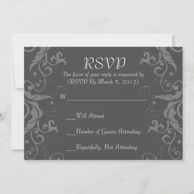 Luxury Elegant Grey Flower Swirls RSVP card (Front)