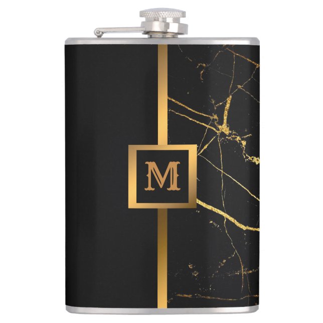 Luxury Elegant Modern Black Gold Marble Hip Flask (Front)