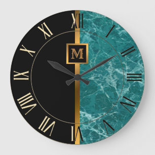 Luxury Elegant Modern Black Gold Marble Large Clock
