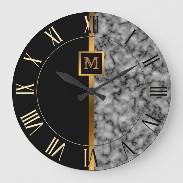 Luxury Elegant Modern Black Gold Marble Large Clock (Front)