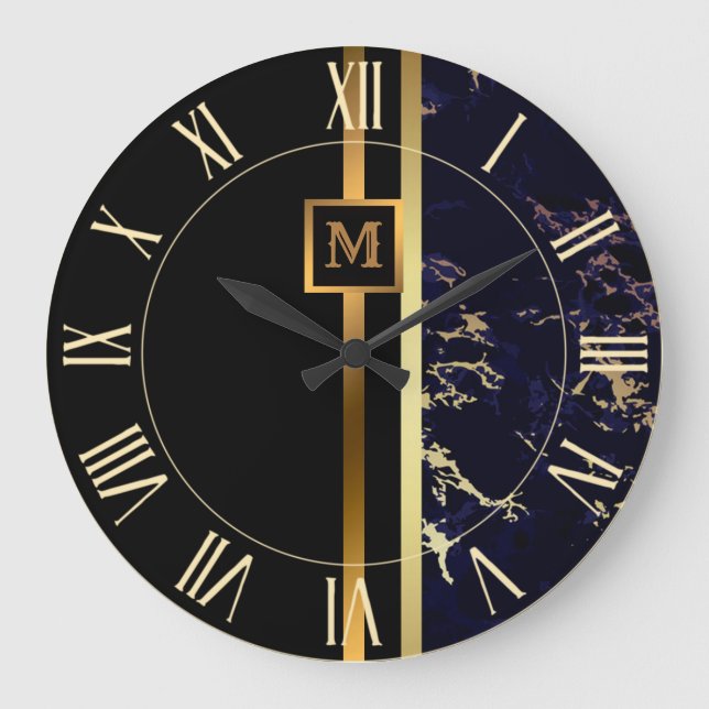 Luxury Elegant Modern Black Gold Marble Large Clock (Front)